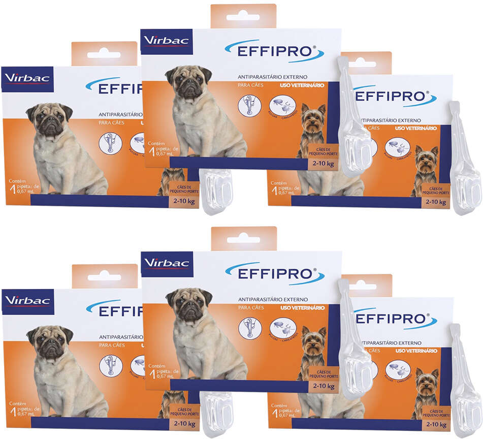 Kit Antipulgas e Carrapatos Virbac Effipro 0,67 mL Cães de 2 até 10Kg - 6 Caixas (6 Pipetas)