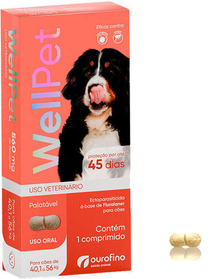 Antipulgas e Carrapatos WellPet 560 mg para Cães de 40,1 a 56Kg - 1 Comprimido