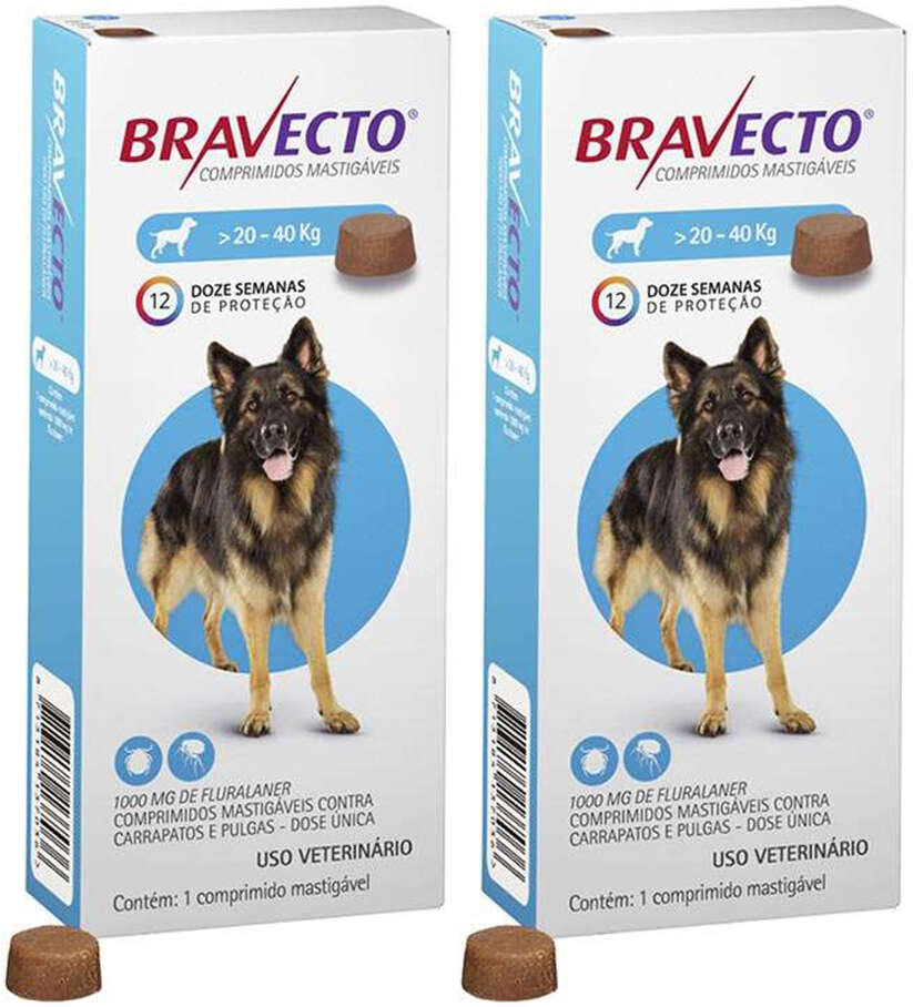Antipulgas e Carrapatos Bravecto 1000 mg para Cães de 20 a 40Kg - 2 Caixas (2 Comprimidos)