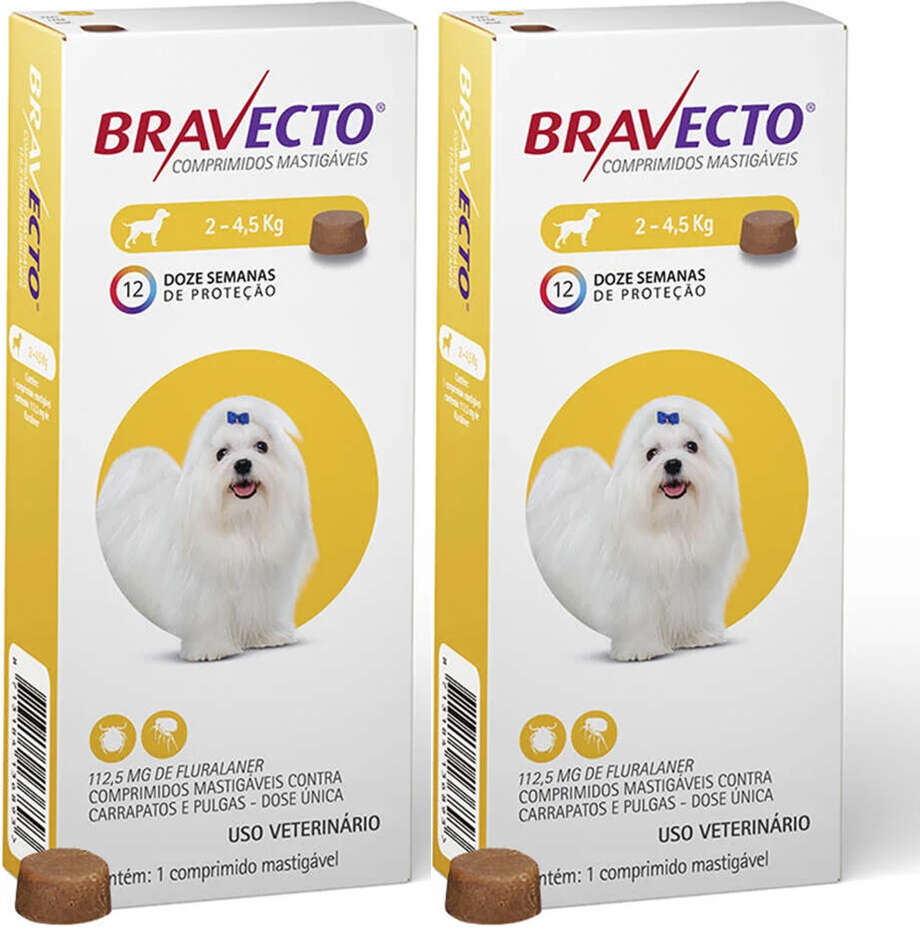 Antipulgas e Carrapatos Bravecto 112,5 mg para Cães de 2 a 4,5Kg - 2 Caixas (2 Comprimidos)