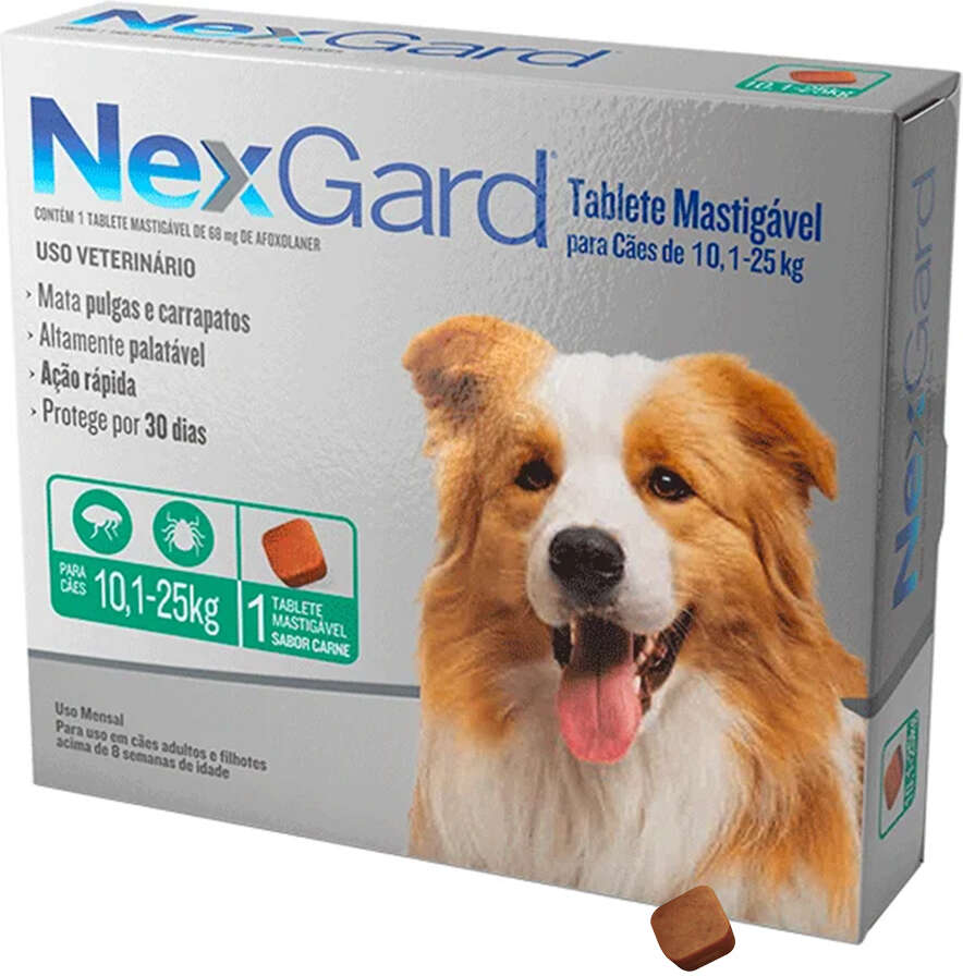 Antipulgas e Carrapatos NexGard 68 mg para Cães de 10,1 a 25Kg - 1 Comprimido