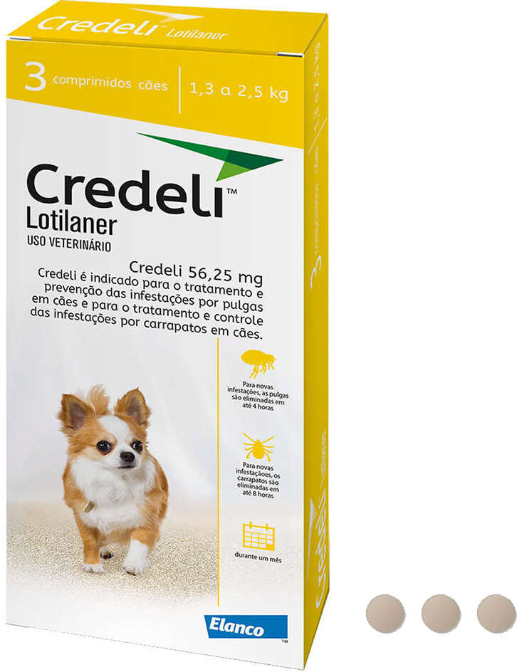 Kit Antipulgas e Carrapatos Elanco Credeli 56,25 mg Cães de 1,3 até 2,5Kg - 2 Caixas (6 Comprimidos)