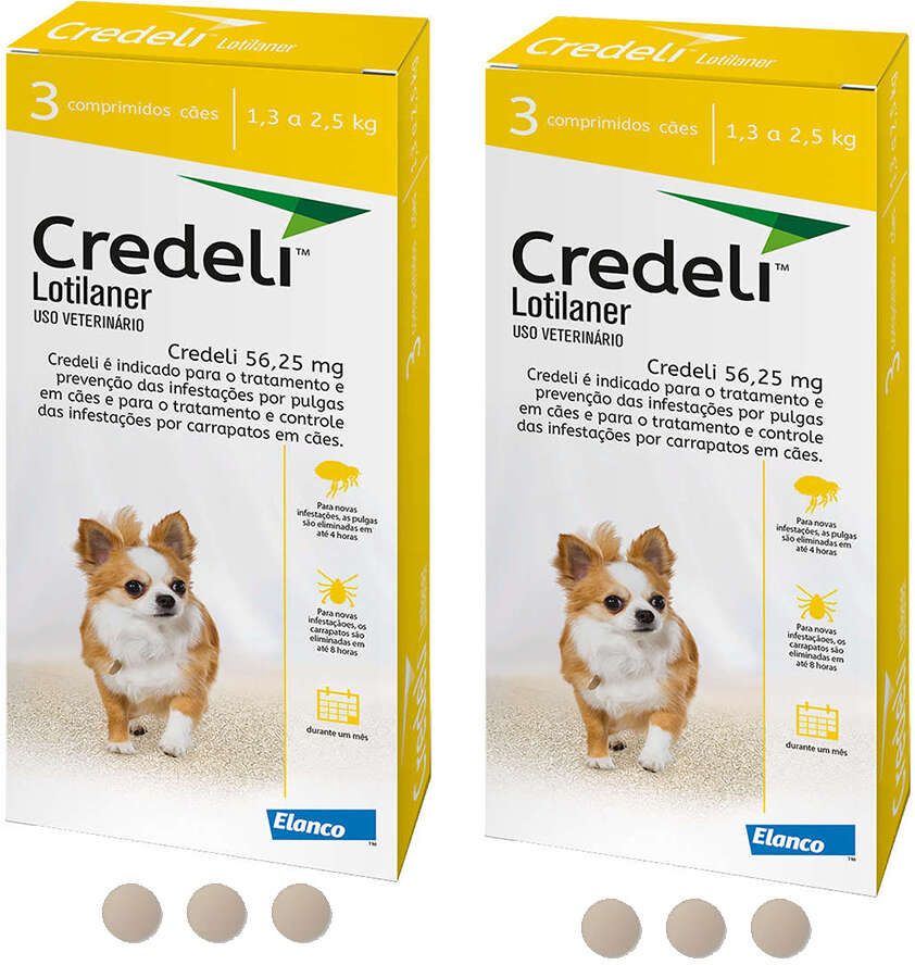 Kit Antipulgas e Carrapatos Elanco Credeli 56,25 mg Cães de 1,3 até 2,5Kg - 2 Caixas (6 Comprimidos)
