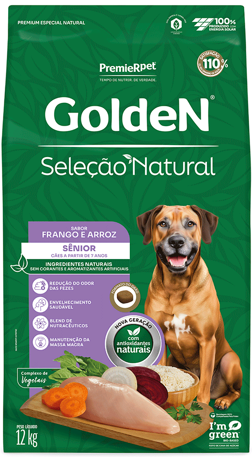 Ração Seca GoldeN Seleção Natural Frango e Arroz para Cães Sênior - 12Kg