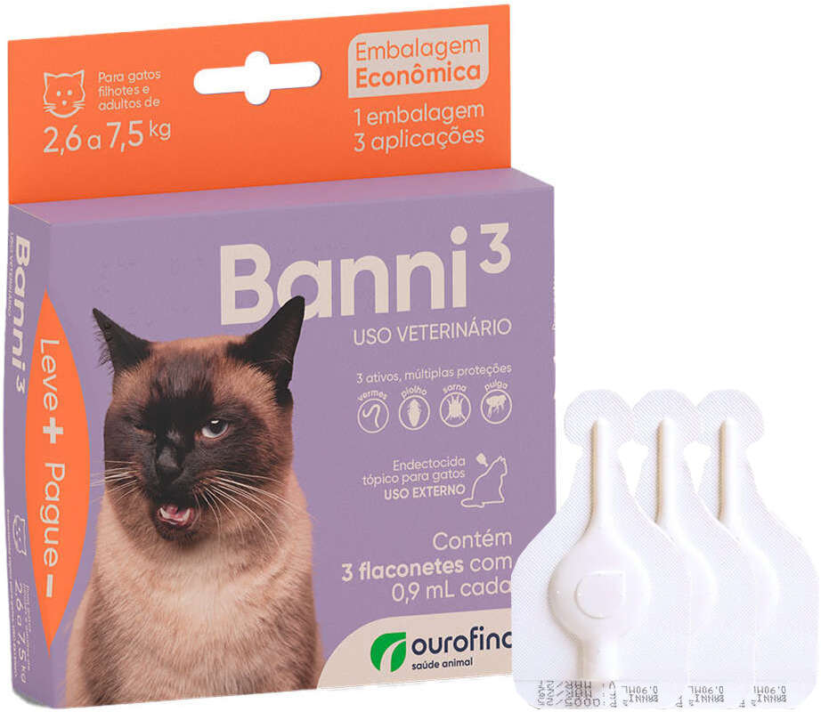 Antipulgas Banni 3 40 mg para Gatos de 2,6 a 7,5Kg - 3 Pipetas