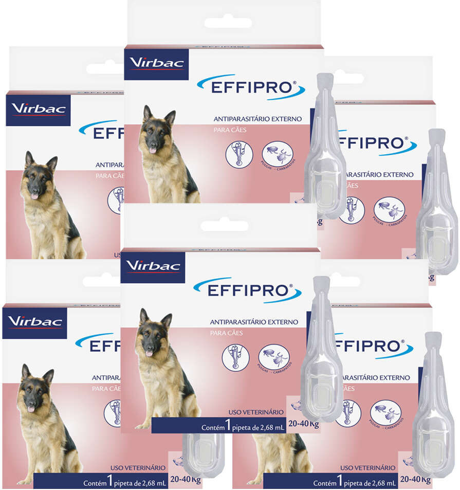 Kit Antipulgas e Carrapatos Virbac Effipro 2,68 mL Cães de 20 até 40Kg - 6 Caixas (6 Pipetas)