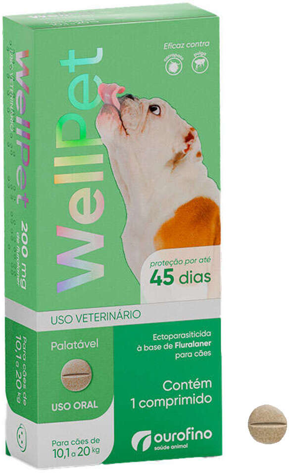 Antipulgas e Carrapatos WellPet 200 mg para Cães de 10,1 a 20Kg - 1 Comprimido