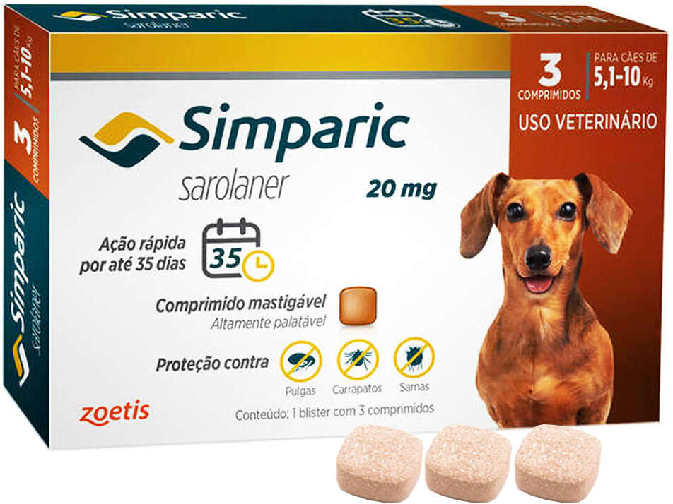 Antipulgas Zoetis Simparic 20 mg para Cães 5,1 a 10Kg - 3 Comprimidos