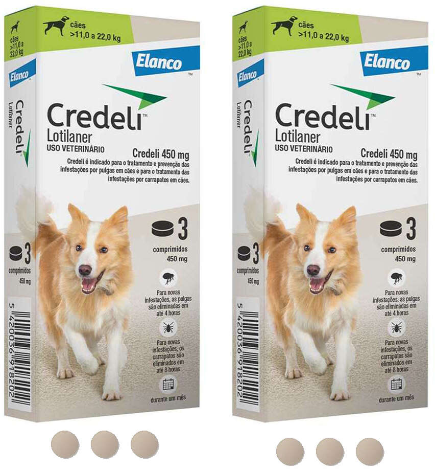 Kit Antipulgas e Carrapatos Elanco Credeli 450 mg para Cães de 11 até 22Kg - 2 Caixas (2 Comprimidos)