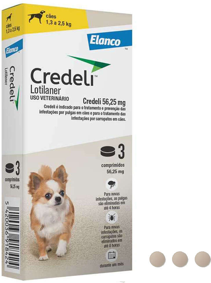 Antipulgas e Carrapatos Credeli 56,25 mg para Cães de 1,3 a 2,5Kg - 3 Comprimidos