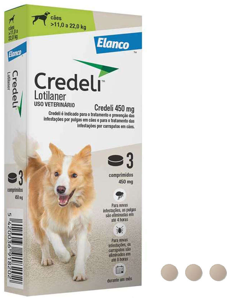 Antipulgas e Carrapatos Credeli 450 mg para Cães de 11 a 22Kg - 3 Comprimidos