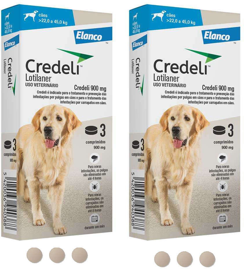 Kit Antipulgas e Carrapatos Elanco Credeli 900 mg para Cães de 22 até 45Kg - 2 Caixas (6 Comprimidos)