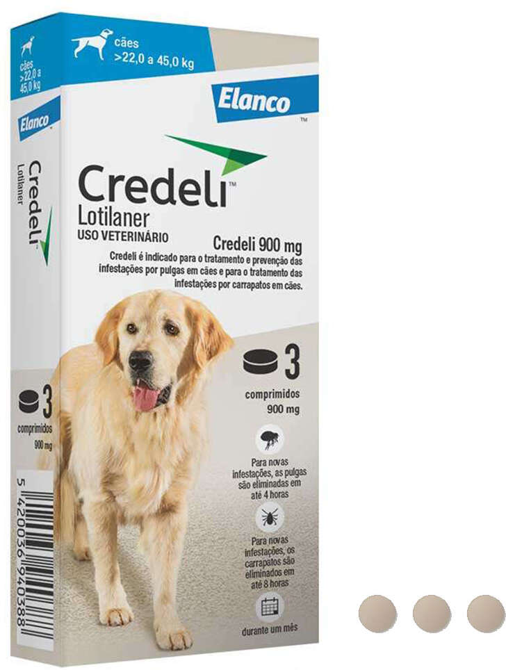 Antipulgas e Carrapatos Credeli 900 mg para Cães de 22 a 45Kg - 3 Comprimidos