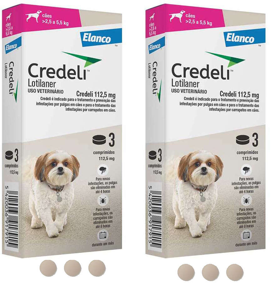 Kit Antipulgas e Carrapatos Elanco Credeli 112,5 mg Para Cães de 2,5 a 5,5Kg - 2 Caixas (6 Comprimidos)