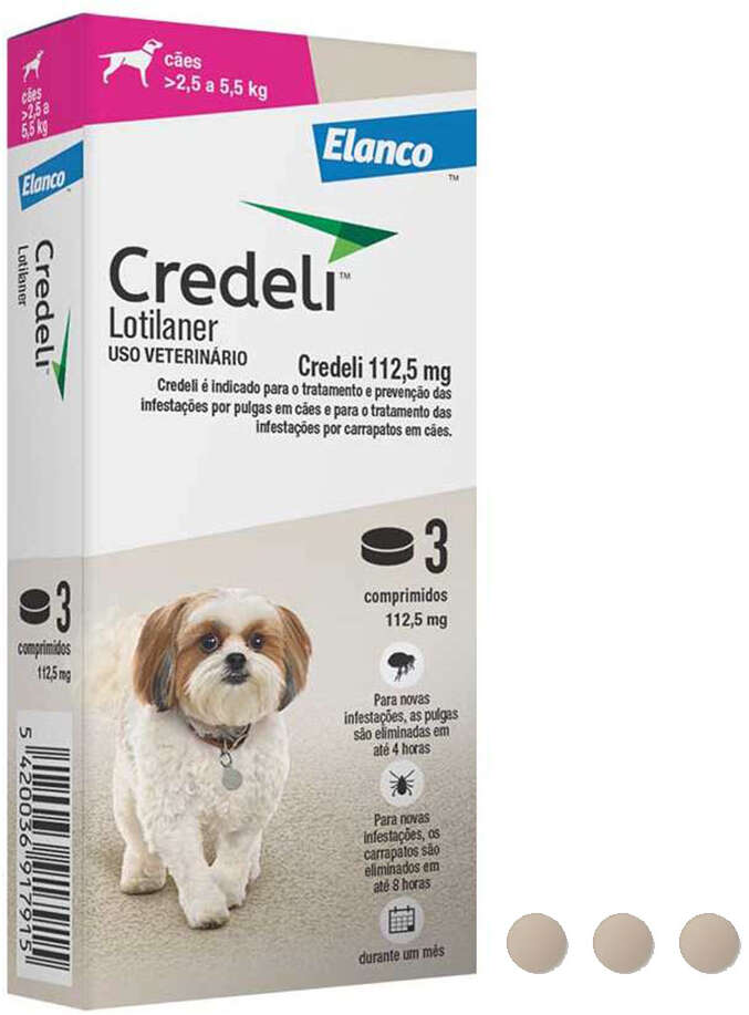 Antipulgas e Carrapatos Credeli 112,5 mg para Cães de 2,5 a 5,5Kg - 3 Comprimidos