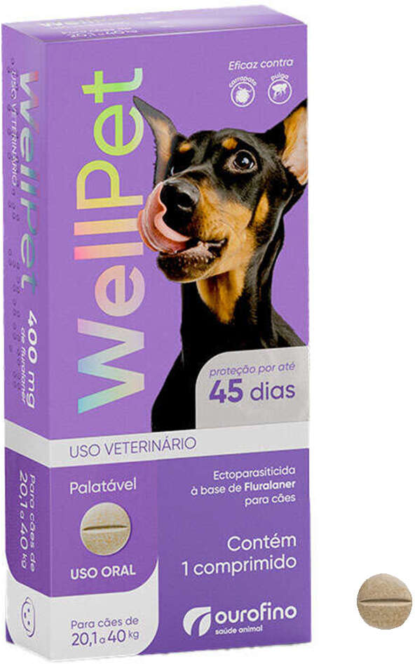 Antipulgas e Carrapatos WellPet 400 mg para Cães de 20,1 a 40Kg - 1 Comprimido