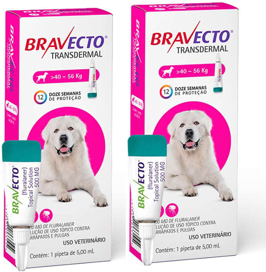 Antipulgas e Carrapatos Bravecto Transdermal 1400 mg para Cães de 40 a 56Kg - 2 Caixas (2 Pipetas)