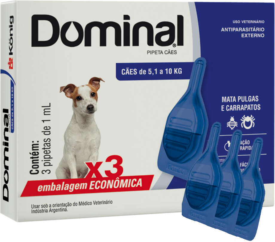 Antiparasitário Externo König Dominal 1 mL para Cães de 5,1 a 10Kg - 3 Pipetas