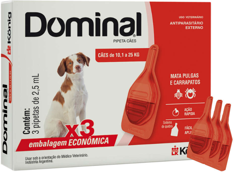 Antiparasitário Externo König Dominal 2,5 mL para Cães de 10,1 a 25Kg - 3 Pipetas