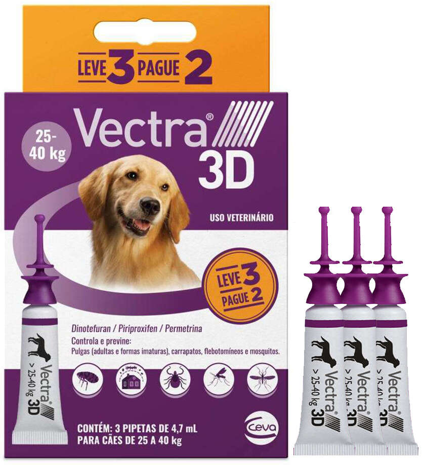 Antipulgas e Carrapatos Vectra 3D 256 mg para Cães de 25 a 40Kg - 3 Pipetas