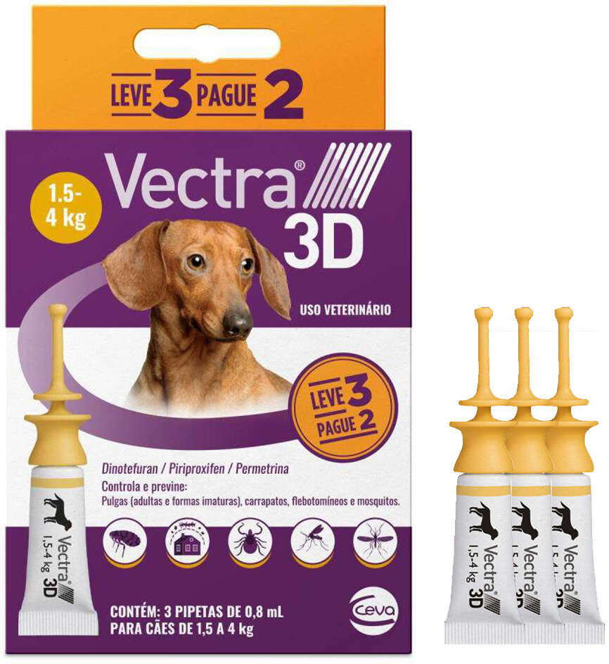 Antipulgas e Carrapatos Vectra 3D 43,6 mg para Cães de 1,5 a 4Kg - 3 Pipetas