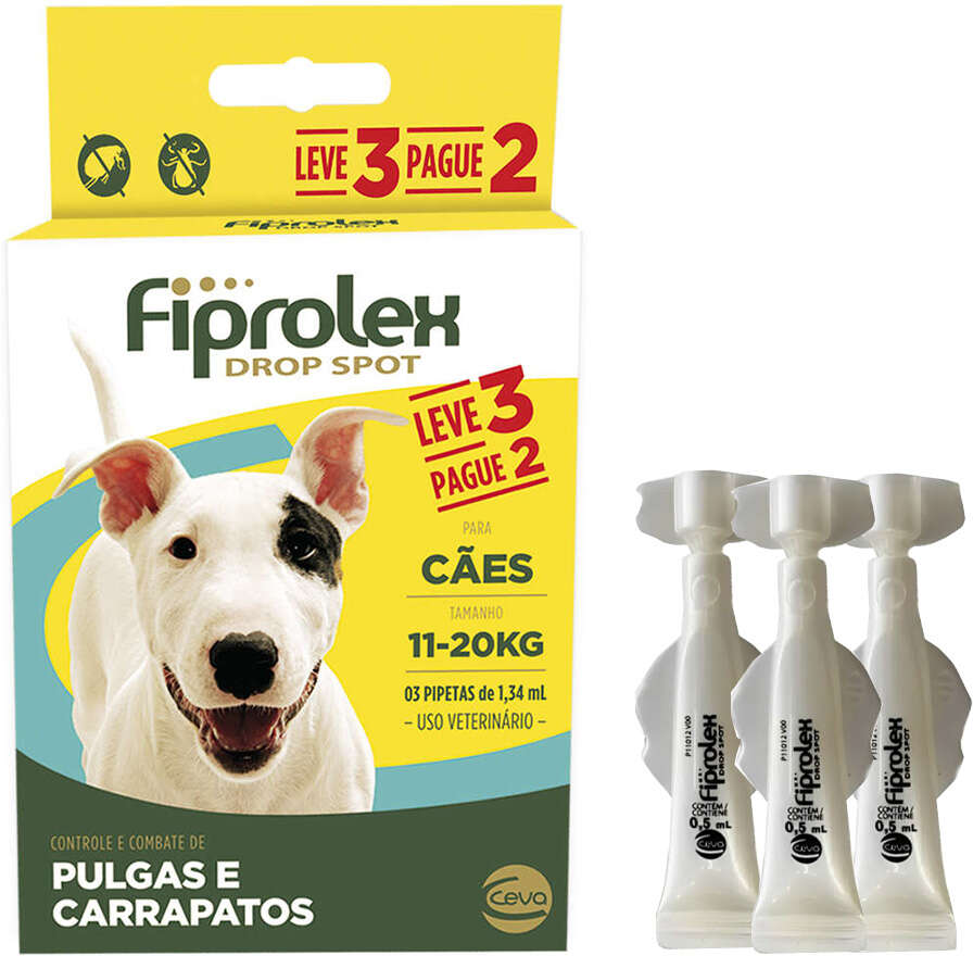 Antipulgas e Carrapatos Ceva Fiprolex Drop Spot de 1,34 mL para Cães de 11 a 20Kg - 3 Caixas (3 Pipetas)