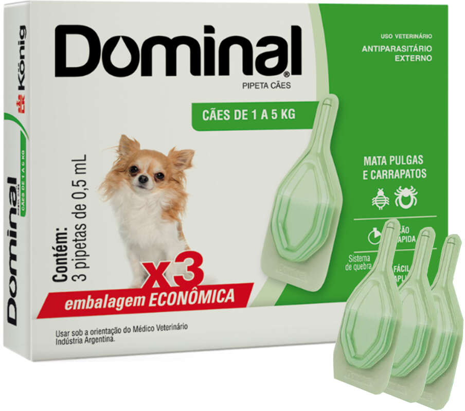 Antiparasitário Externo König Dominal 0,5 mL para Cães de 1 a 5Kg - 3 Pipetas