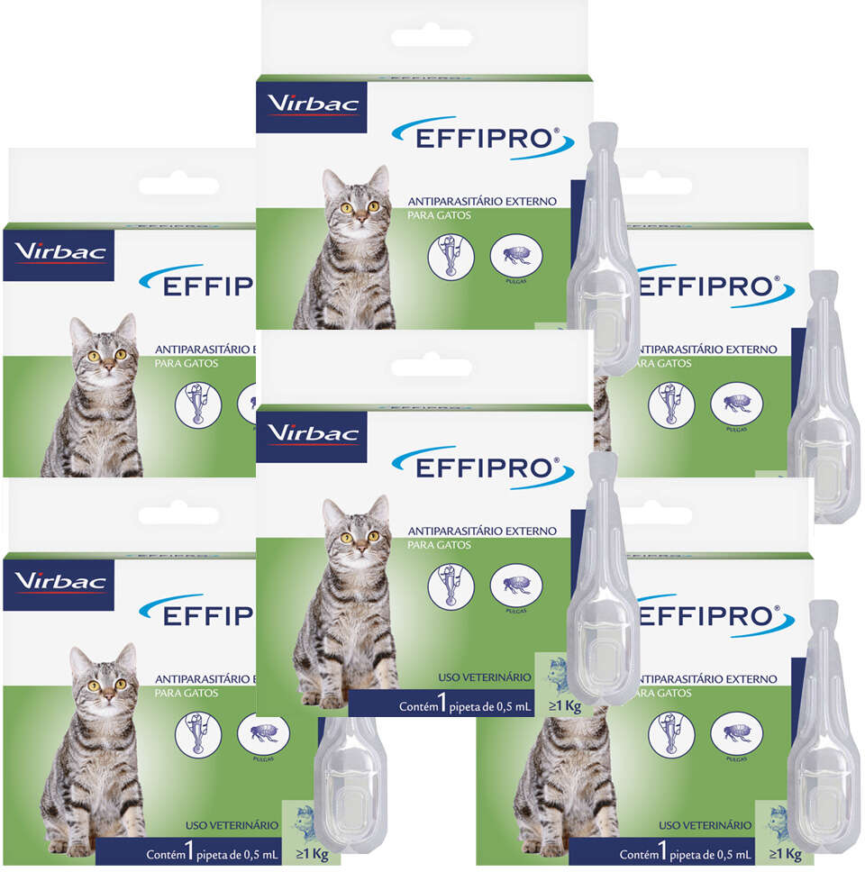 Kit Antipulgas Virbac Effipro para Gatos com 1Kg ou Mais 0,5 mL - 6 Caixas (6 Pipetas)