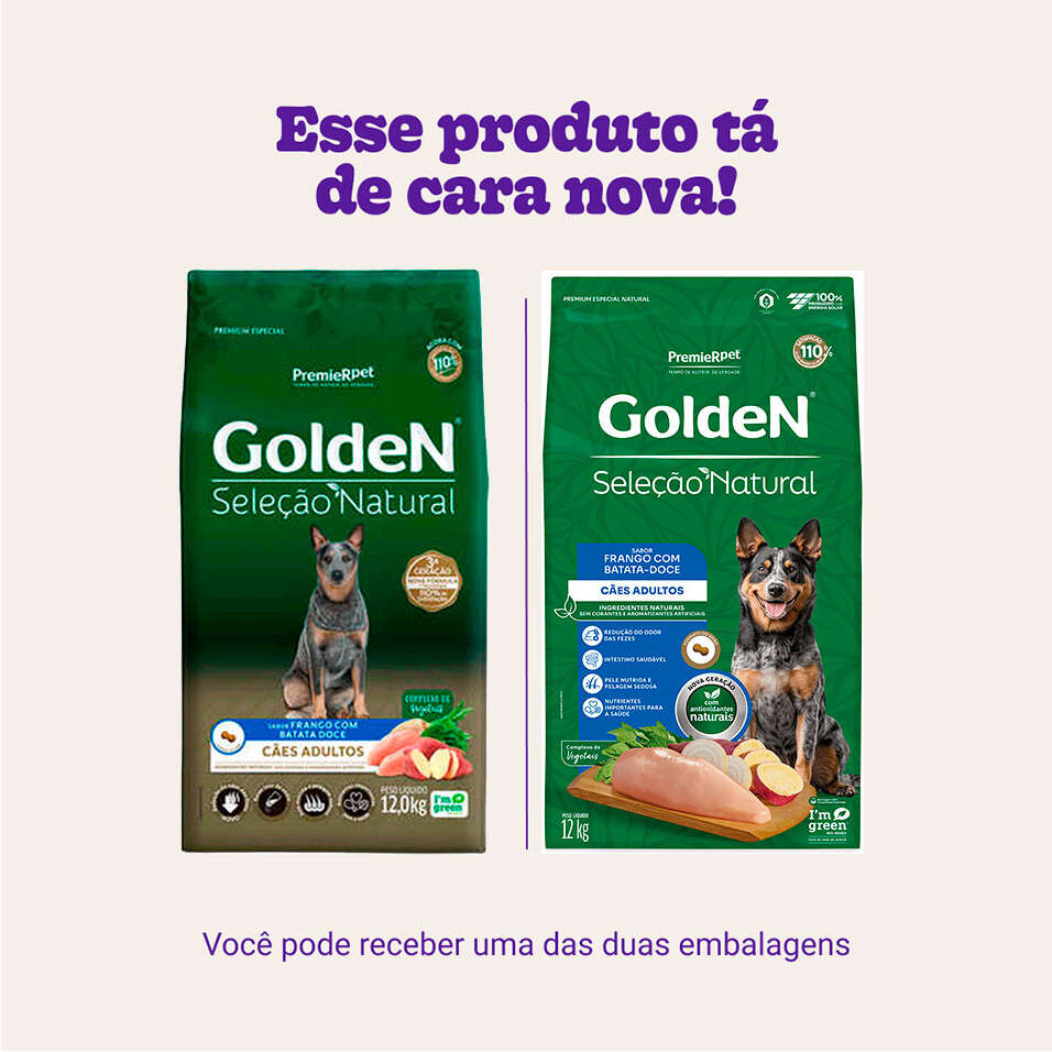 Ração Seca GoldeN Seleção Natural Frango com Batata Doce para Cães Adultos - 12Kg