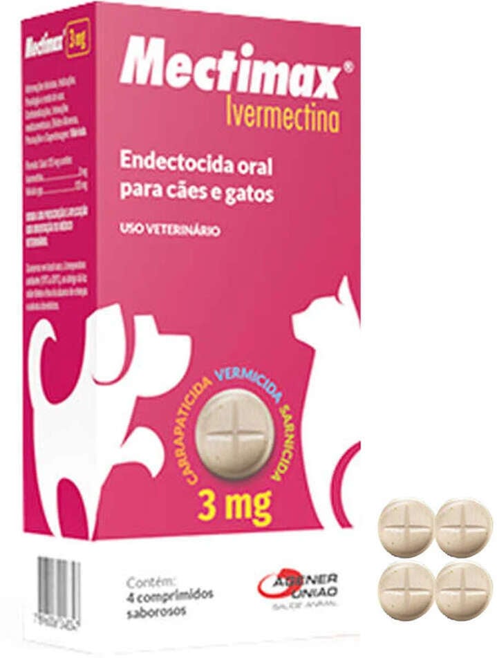 Endectocida Agener Mectimax Ivermectina Oral 3 Mg para Cães e Gatos - 4 Comprimidos