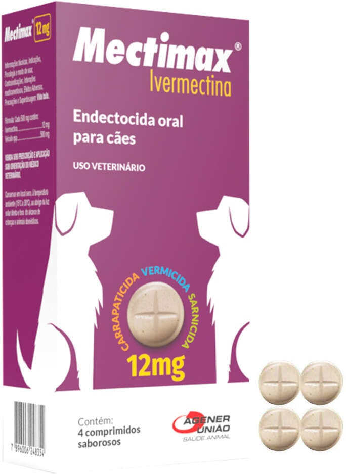 Endectocida Agener Mectimax Ivermectina Oral 12 Mg para Cães - 4 Comprimidos