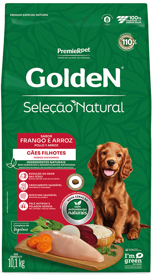 Ração Seca Golden Seleção Natural para Cães Filhotes sabor Frango e Arroz - 10,1Kg