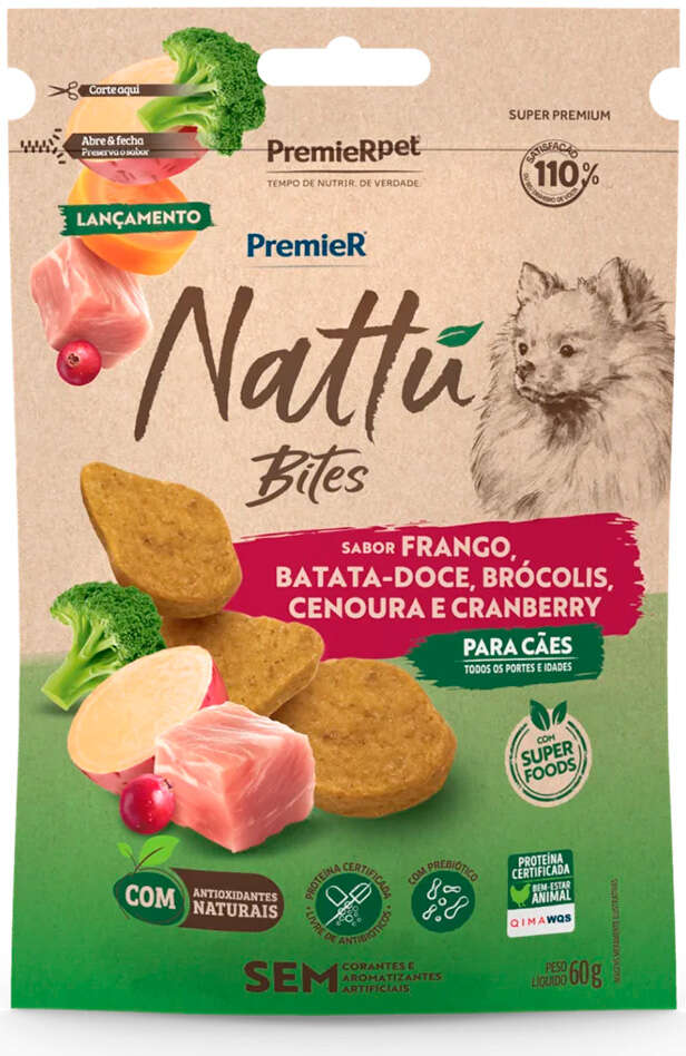 Petisco PremieR Pet Nattú Bites para Cães de Todas as Raças sabor Frango e Vegetais - 60 g