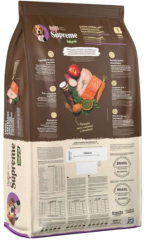 Ração Seca Quatree Supreme Light para Cães Adultos Castrados Raças Médias e Grandes sabor Frango e Salmão - 15Kg