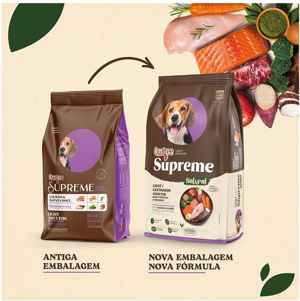 Ração Seca Quatree Supreme Light para Cães Adultos Castrados Raças Médias e Grandes sabor Frango e Salmão - 15Kg