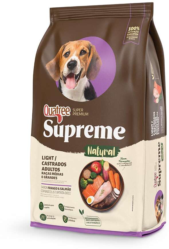 Ração Seca Quatree Supreme Light para Cães Adultos Castrados Raças Médias e Grandes sabor Frango e Salmão - 15Kg