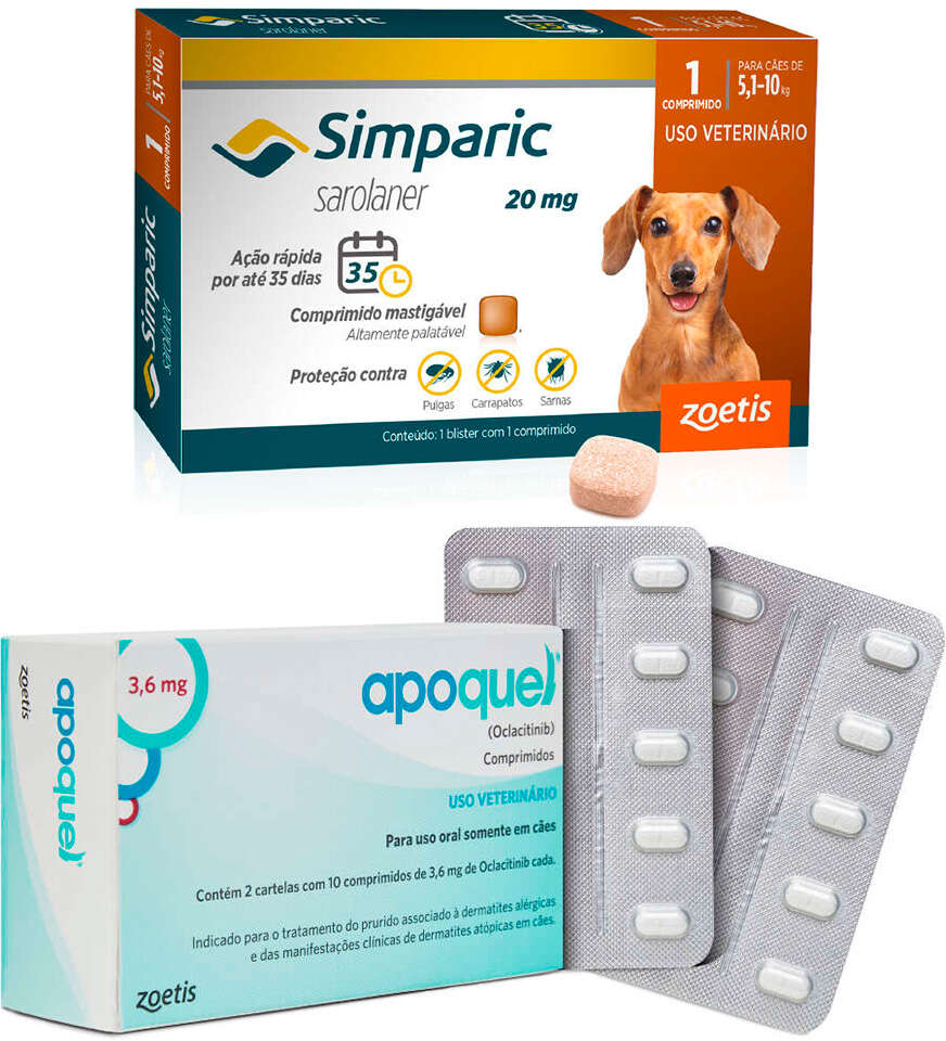 Kit Zoetis Antipulgas Simparic 20 mg e Apoquel Dermatológico 3,6 mg - KIT