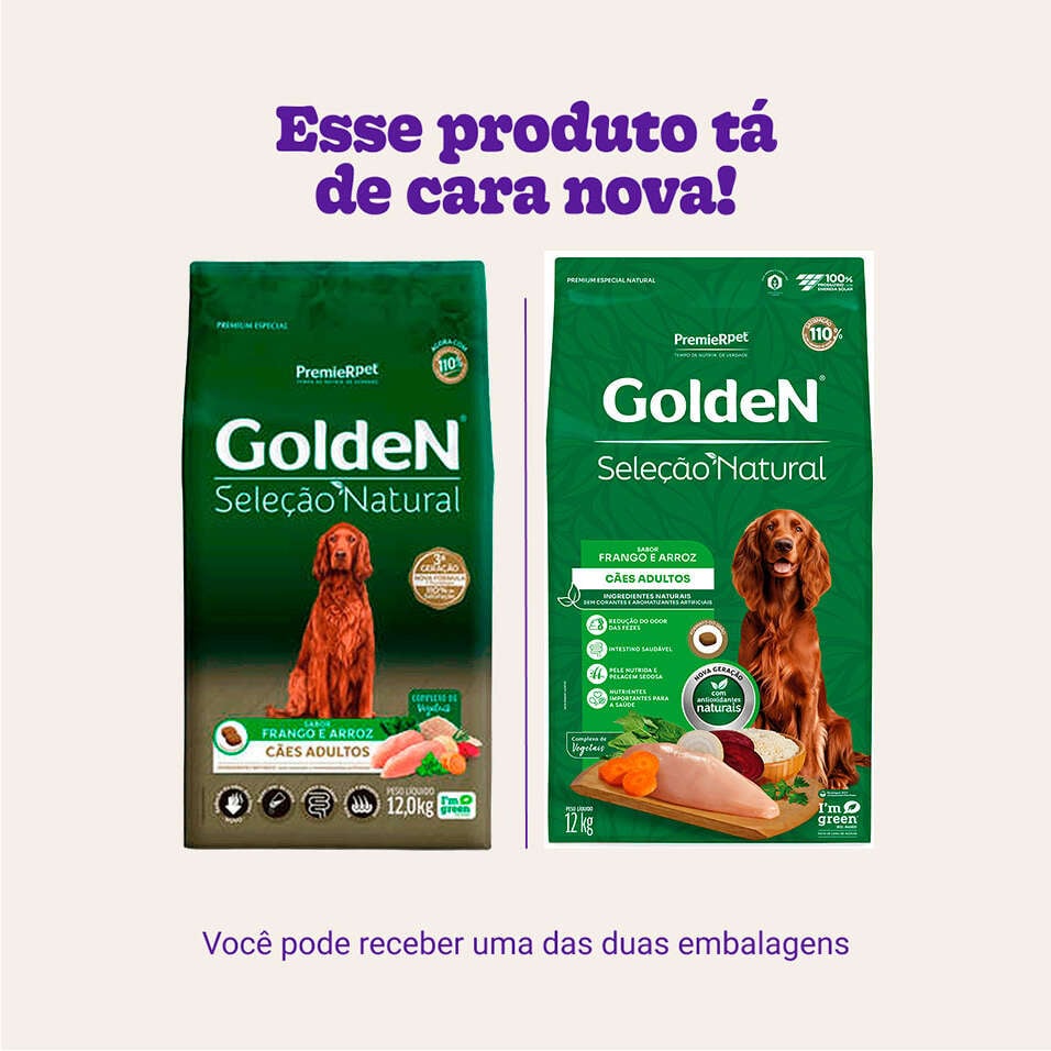 Ração Seca Golden Seleção Natural para Cães Adultos sabor Frango e Arroz - 12Kg
