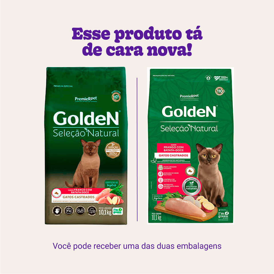 Ração Seca GoldeN Seleção Natural Frango com Batata Doce para Gatos Castrados - 10,1Kg
