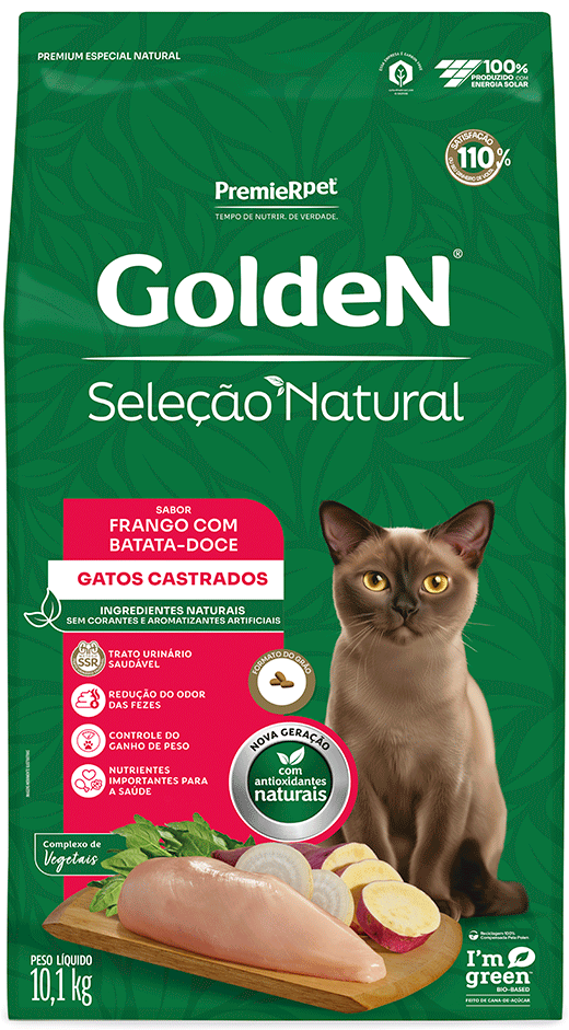 Ração Seca GoldeN Seleção Natural Frango com Batata Doce para Gatos Castrados - 10,1Kg
