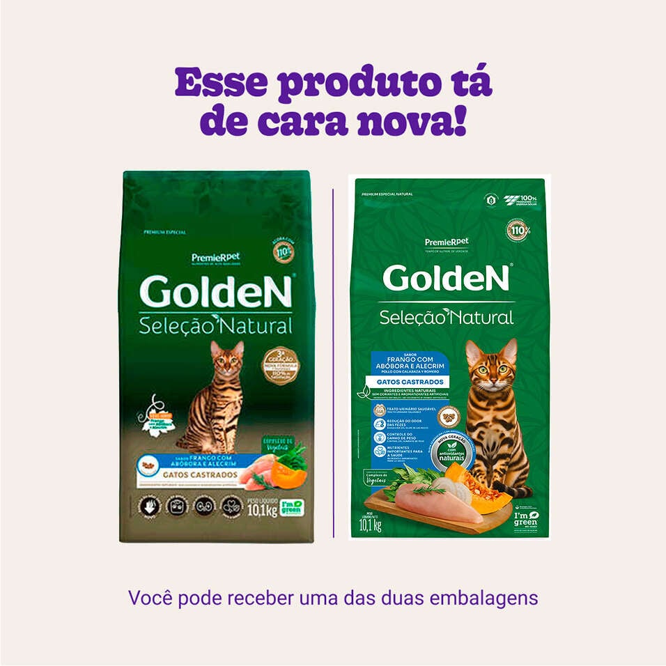 Ração Seca Golden Seleção Natural Frango, Abóbora e Alecrim para Gatos Castrados - 10,1Kg