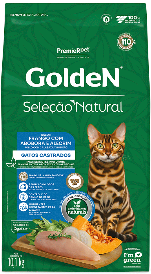 Ração Seca Golden Seleção Natural Frango, Abóbora e Alecrim para Gatos Castrados - 10,1Kg