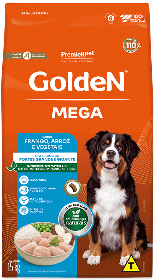 Ração Seca PremieR Pet Golden Mega Cães Adultos Raças Grandes Frango e Arroz - 15Kg