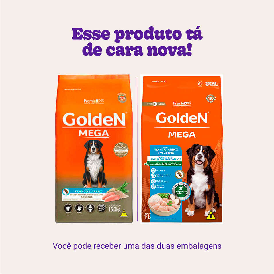 Ração Seca PremieR Pet Golden Mega Cães Adultos Raças Grandes Frango e Arroz - 15Kg