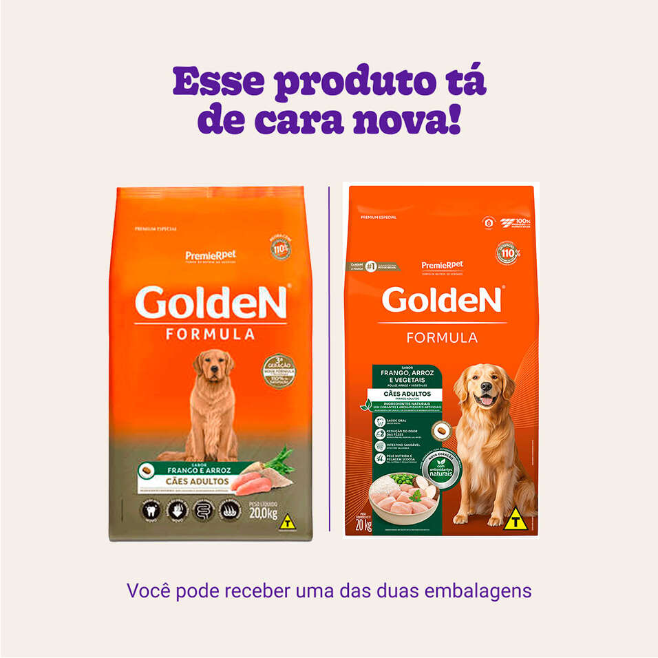 Ração Seca Golden Formula Cães Adultos Frango, Arroz e Vegetais - 20Kg