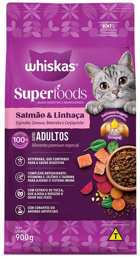 Ração Seca Whiskas Superfoods para Gatos Adultos sabor Salmão e Linhaça - 900 g