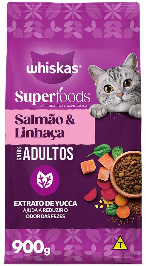 Ração Seca Whiskas Superfoods para Gatos Adultos sabor Salmão e Linhaça - 900 g