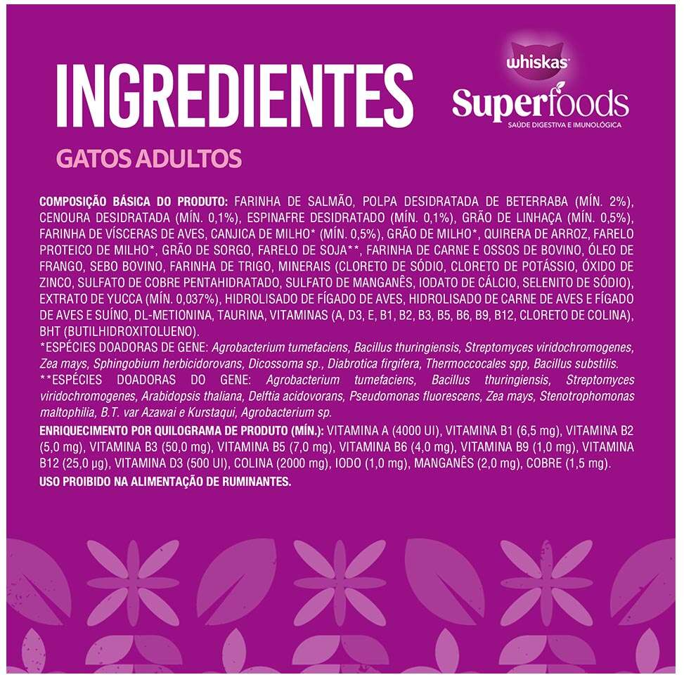 Ração Seca Whiskas Superfoods para Gatos Adultos sabor Salmão e Linhaça - 10,1Kg