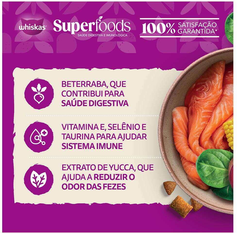 Ração Seca Whiskas Superfoods para Gatos Adultos sabor Salmão e Linhaça - 10,1Kg