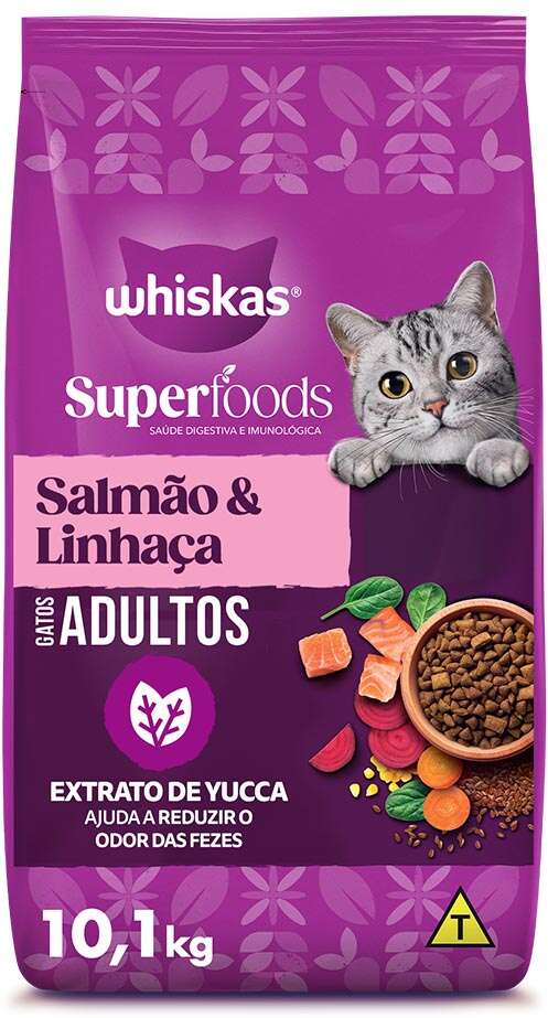 Ração Seca Whiskas Superfoods para Gatos Adultos sabor Salmão e Linhaça - 10,1Kg